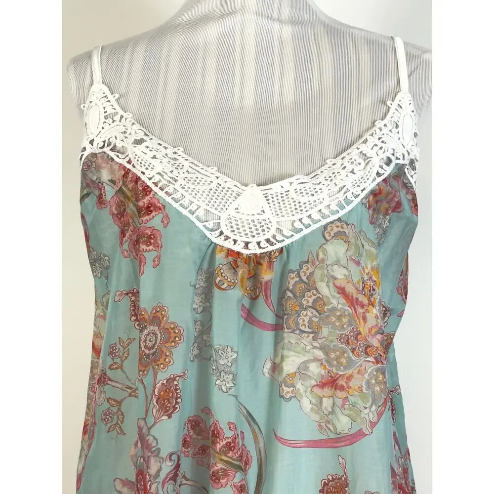 Papinelle Blue Paisely Lace Trim Cotton Silk Blend Night Gown Size XL